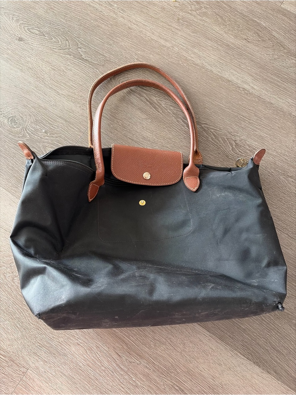 Authentic Longchamp Black Nylon Tote with Brown Leather Trim